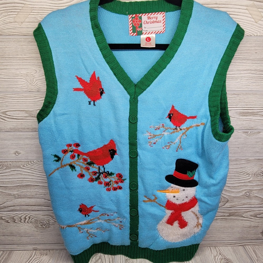 Merry Christmas‎ Pullover Ugly Sweater Vest Cardinals Snowman Bird Blue Size Lg